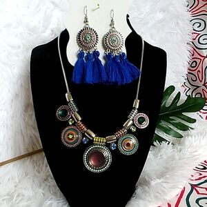 Trendy Boho Tribal Blue Tassel Earrings Necklace  Set